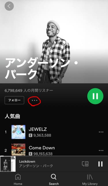 Spotify内のアンダーソンパークのトップ画面